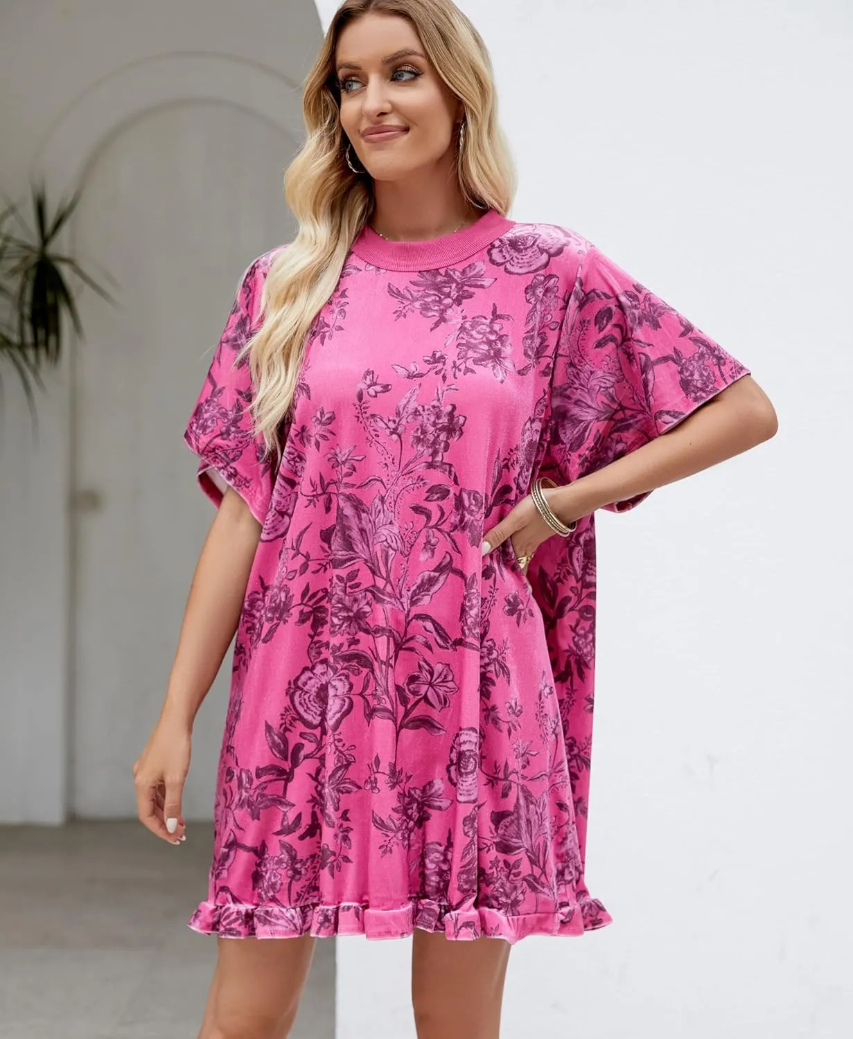 Women's Vintage Velvet Dress Round Neck Short Sleeve Floral Printed Mini Flowy Dress