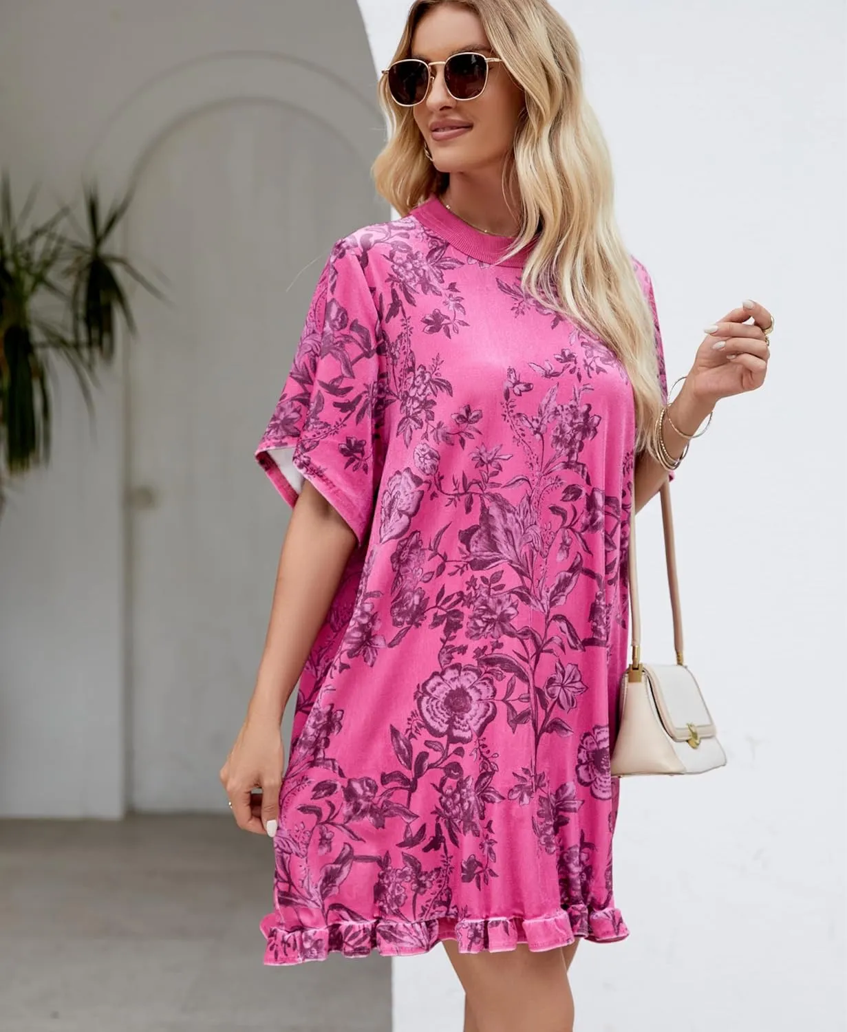 Women's Vintage Velvet Dress Round Neck Short Sleeve Floral Printed Mini Flowy Dress