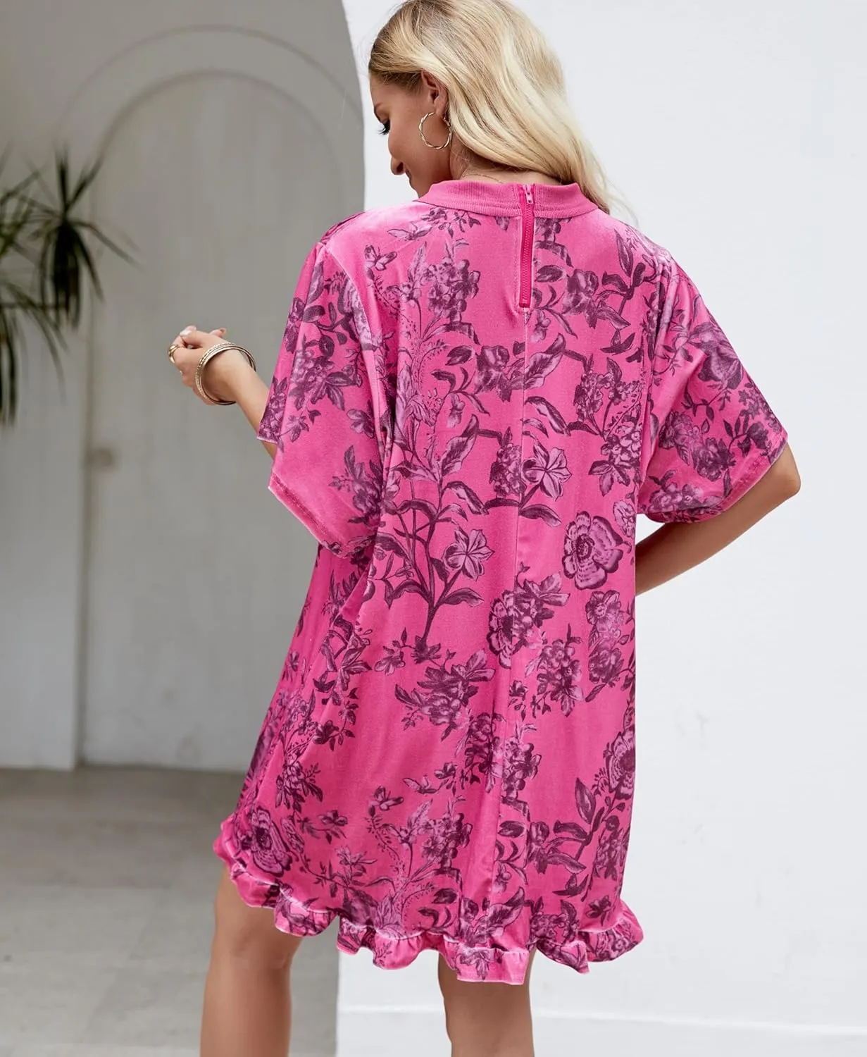 Women's Vintage Velvet Dress Round Neck Short Sleeve Floral Printed Mini Flowy Dress