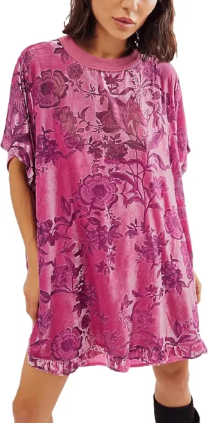 Women's Vintage Velvet Dress Round Neck Short Sleeve Floral Printed Mini Flowy Dress