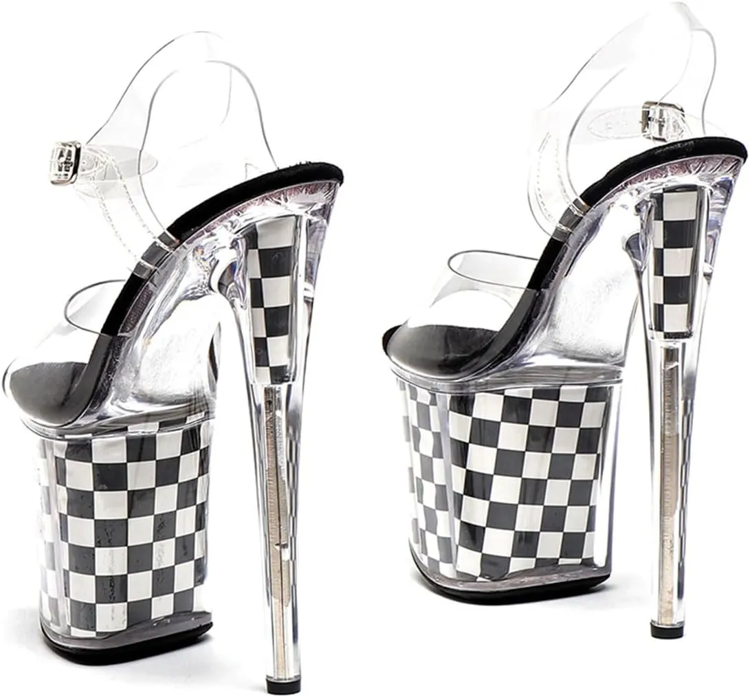 WUXIN H&P Women's Clear Platform Exotic Pole Dance Sandal 8 Inch Round Toe Fashion Checkerboard Model Sexy Stiletto Ankle-Strap Custom Dress shoes Stripper High Heel