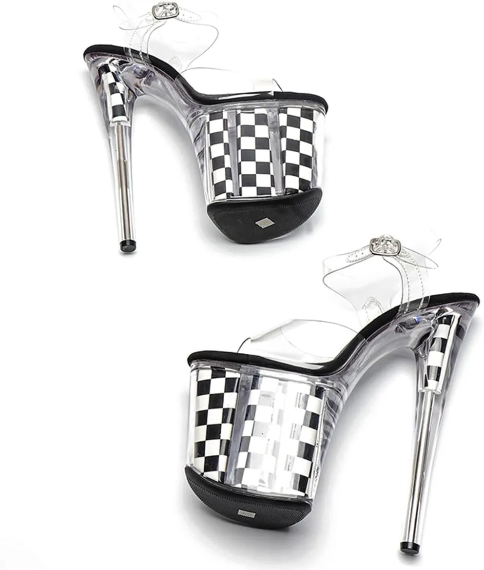 WUXIN H&P Women's Clear Platform Exotic Pole Dance Sandal 8 Inch Round Toe Fashion Checkerboard Model Sexy Stiletto Ankle-Strap Custom Dress shoes Stripper High Heel
