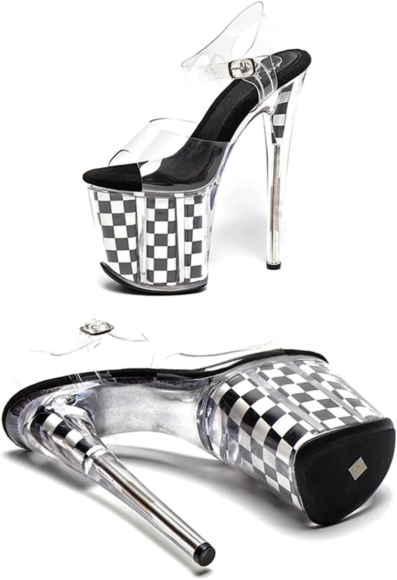 WUXIN H&P Women's Clear Platform Exotic Pole Dance Sandal 8 Inch Round Toe Fashion Checkerboard Model Sexy Stiletto Ankle-Strap Custom Dress shoes Stripper High Heel
