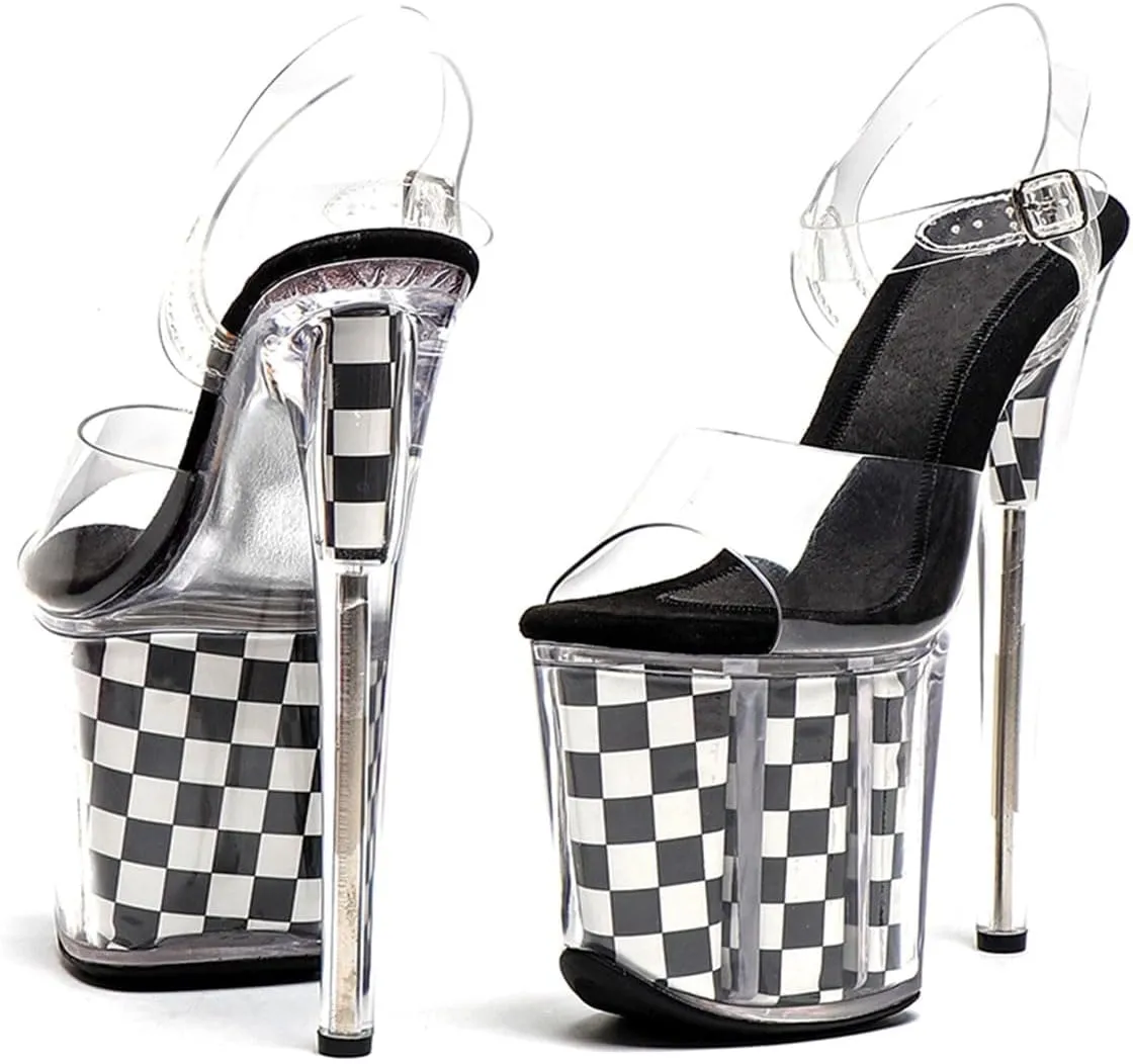 WUXIN H&P Women's Clear Platform Exotic Pole Dance Sandal 8 Inch Round Toe Fashion Checkerboard Model Sexy Stiletto Ankle-Strap Custom Dress shoes Stripper High Heel