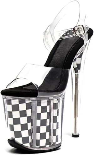 WUXIN H&P Women's Clear Platform Exotic Pole Dance Sandal 8 Inch Round Toe Fashion Checkerboard Model Sexy Stiletto Ankle-Strap Custom Dress shoes Stripper High Heel