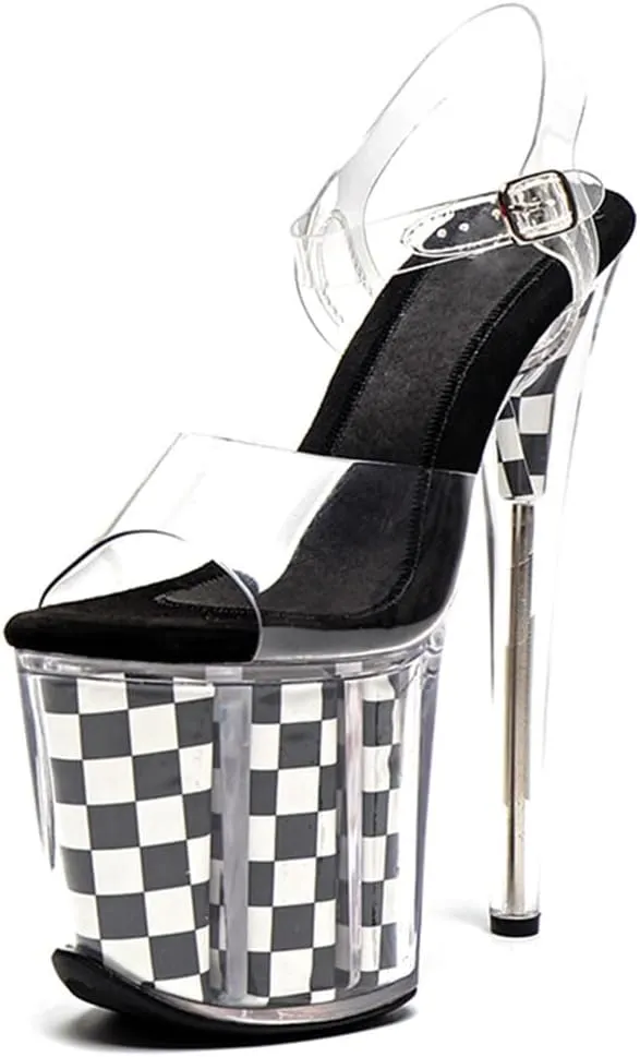 WUXIN H&P Women's Clear Platform Exotic Pole Dance Sandal 8 Inch Round Toe Fashion Checkerboard Model Sexy Stiletto Ankle-Strap Custom Dress shoes Stripper High Heel