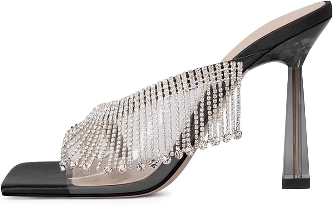 XYD Crystal Rhinestones Strap Slides Sandals Transparent PVC Open Square Toe Graceful Satin Embedded Metallic High Heel Dress Party Mule Shoes