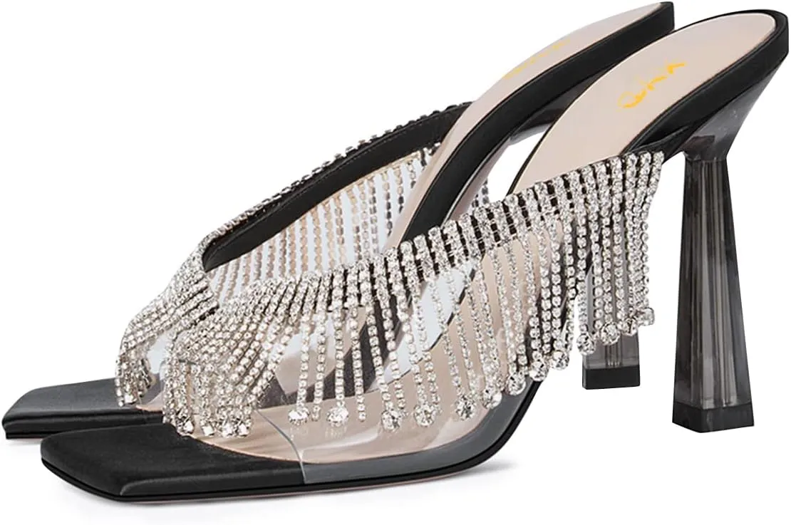 XYD Crystal Rhinestones Strap Slides Sandals Transparent PVC Open Square Toe Graceful Satin Embedded Metallic High Heel Dress Party Mule Shoes