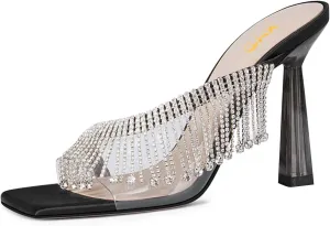 XYD Crystal Rhinestones Strap Slides Sandals Transparent PVC Open Square Toe Graceful Satin Embedded Metallic High Heel Dress Party Mule Shoes