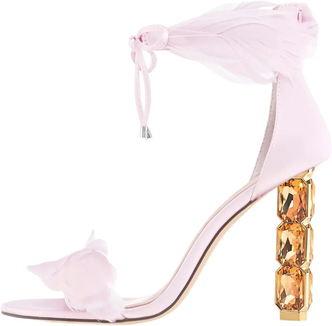 XYD Women Chic Crystal High Heels 105mm Open Toe Sandals Plume Ankle Strap with Zip Ladies Fashion Evening Event Pumps Shoes