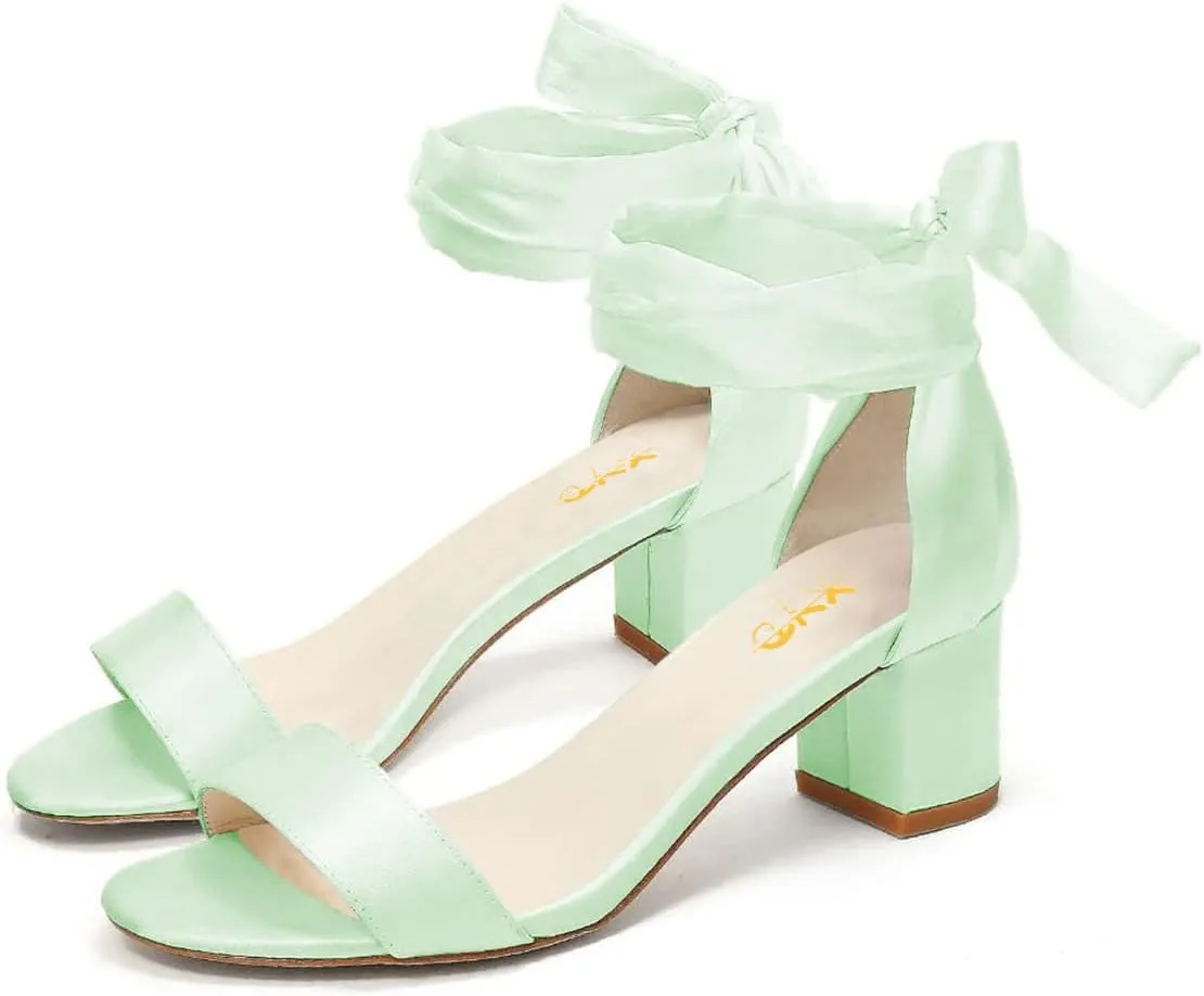 XYD Women Girls Open Toe Strappy Low Block Heel Sandal Pumps Ribbon Ankle Strap Lace Wedding Dress Evening Shoes