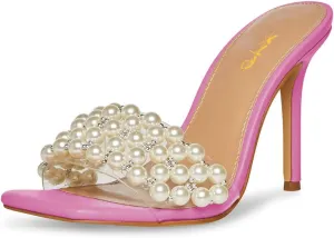 XYD Women's Open Square Toe PVC Strap with Pearl Studs Stilettos Mule Slides Slip On Backless Slippers Gorgeous Wedding Dressy Sandals