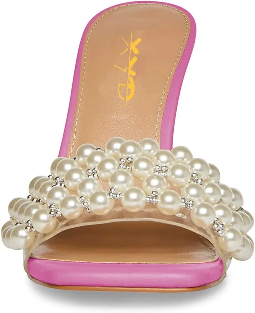 XYD Women's Open Square Toe PVC Strap with Pearl Studs Stilettos Mule Slides Slip On Backless Slippers Gorgeous Wedding Dressy Sandals