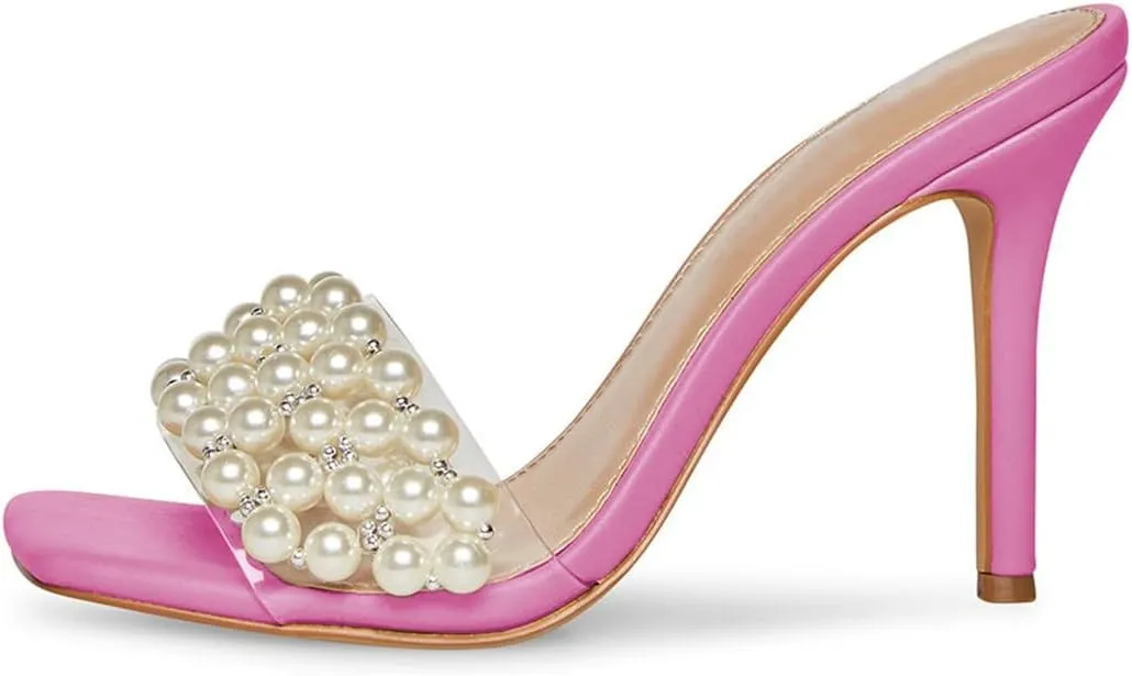 XYD Women's Open Square Toe PVC Strap with Pearl Studs Stilettos Mule Slides Slip On Backless Slippers Gorgeous Wedding Dressy Sandals