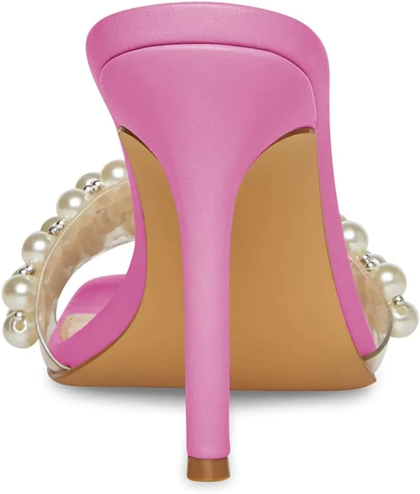 XYD Women's Open Square Toe PVC Strap with Pearl Studs Stilettos Mule Slides Slip On Backless Slippers Gorgeous Wedding Dressy Sandals