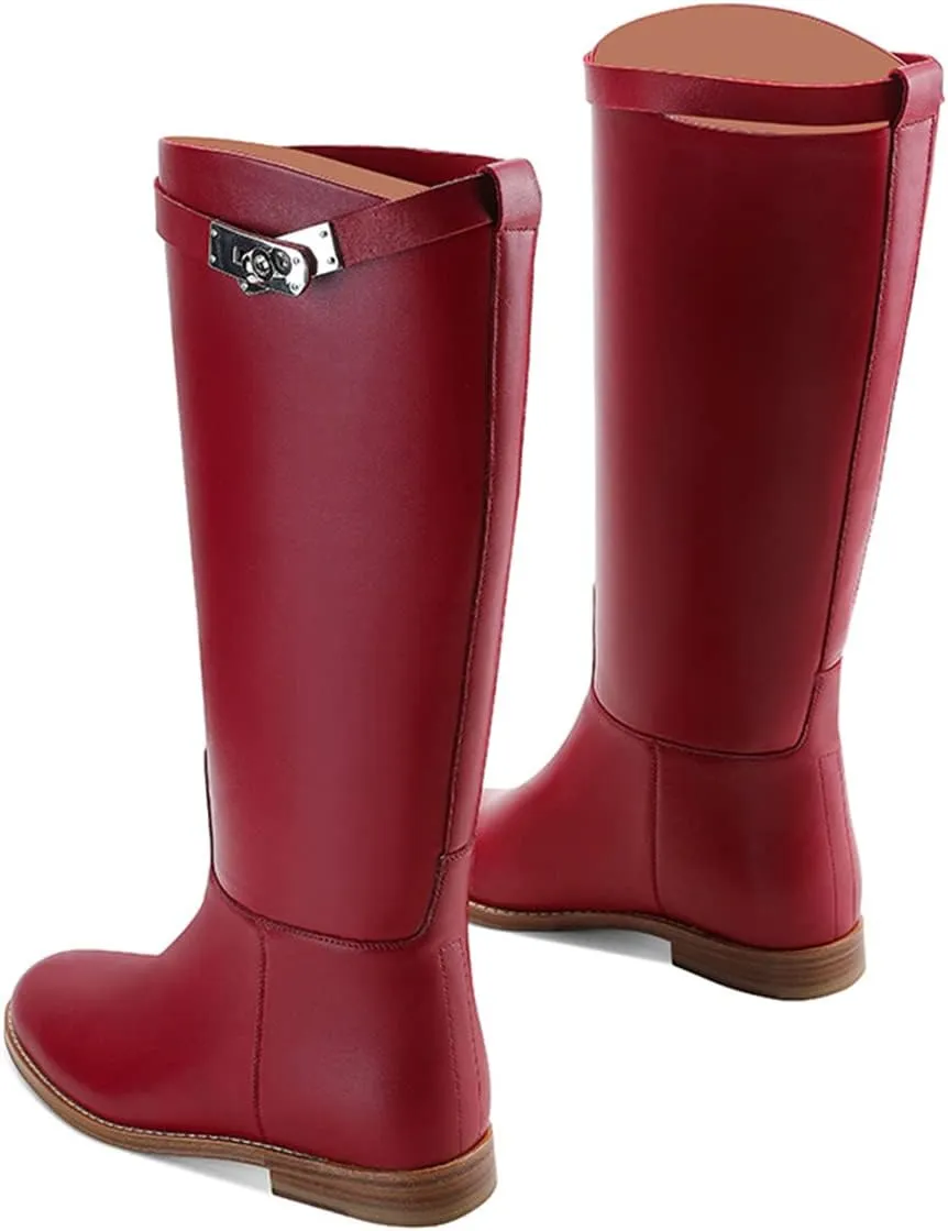 YDN Women Classic Round Toe Under the Knee High Flat Riding Boots Pull on Mental Buckle Wide Calf Booties Combat Walking Boots Size 4-15 US