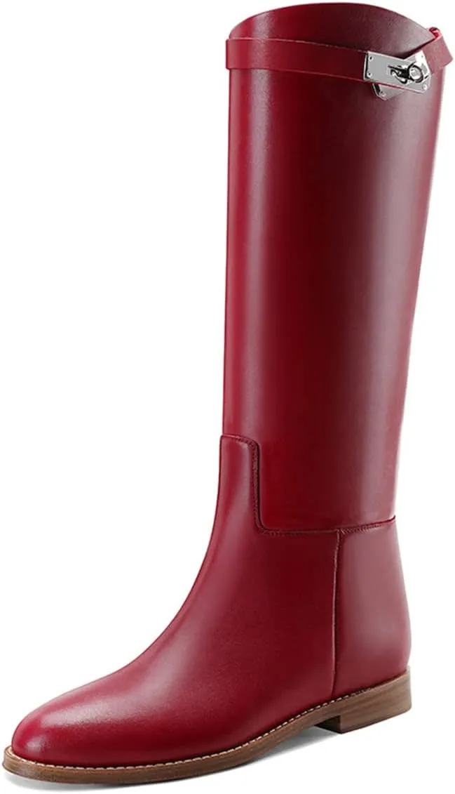 YDN Women Classic Round Toe Under the Knee High Flat Riding Boots Pull on Mental Buckle Wide Calf Booties Combat Walking Boots Size 4-15 US