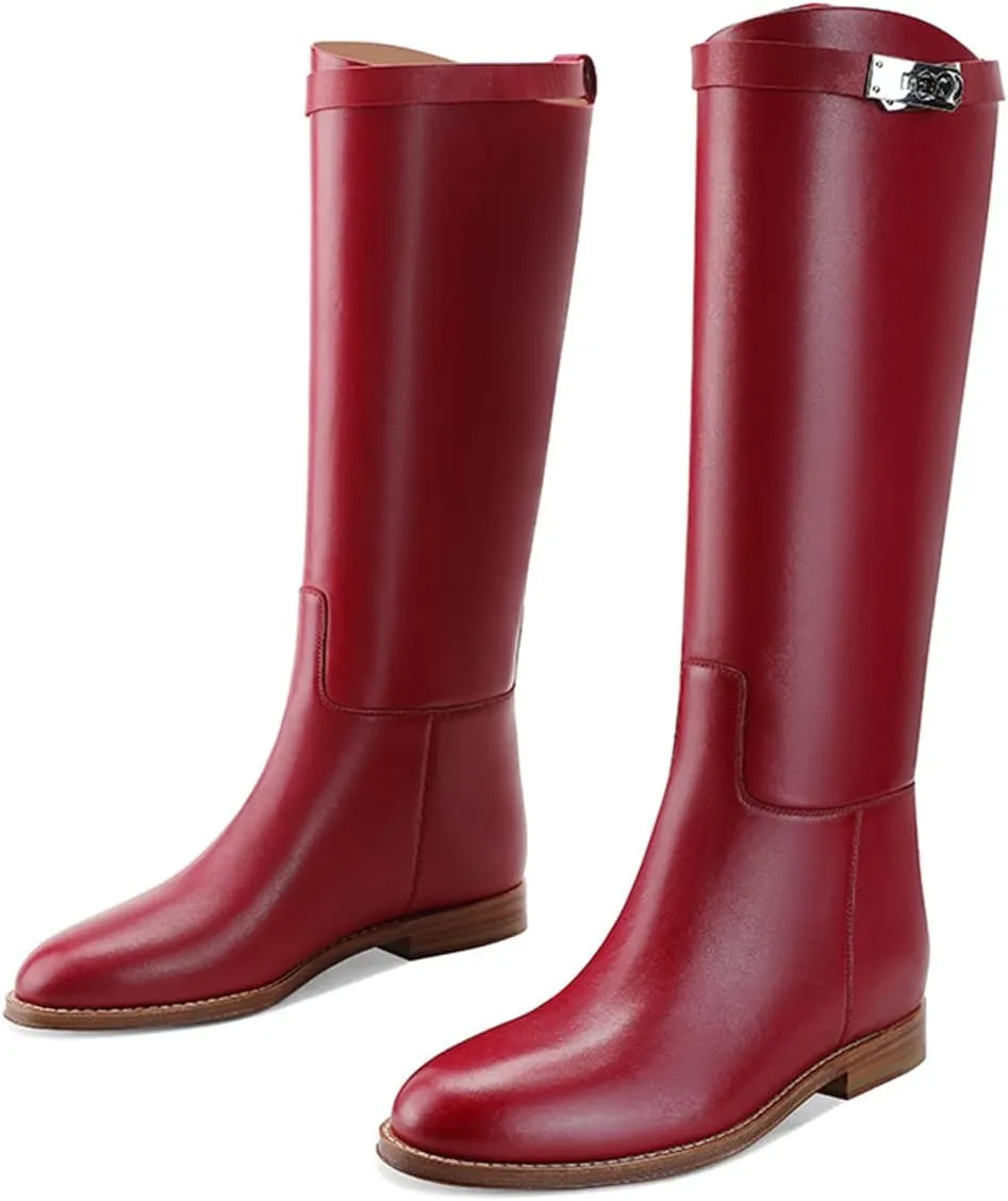 YDN Women Classic Round Toe Under the Knee High Flat Riding Boots Pull on Mental Buckle Wide Calf Booties Combat Walking Boots Size 4-15 US