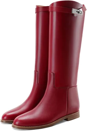 YDN Women Classic Round Toe Under the Knee High Flat Riding Boots Pull on Mental Buckle Wide Calf Booties Combat Walking Boots Size 4-15 US