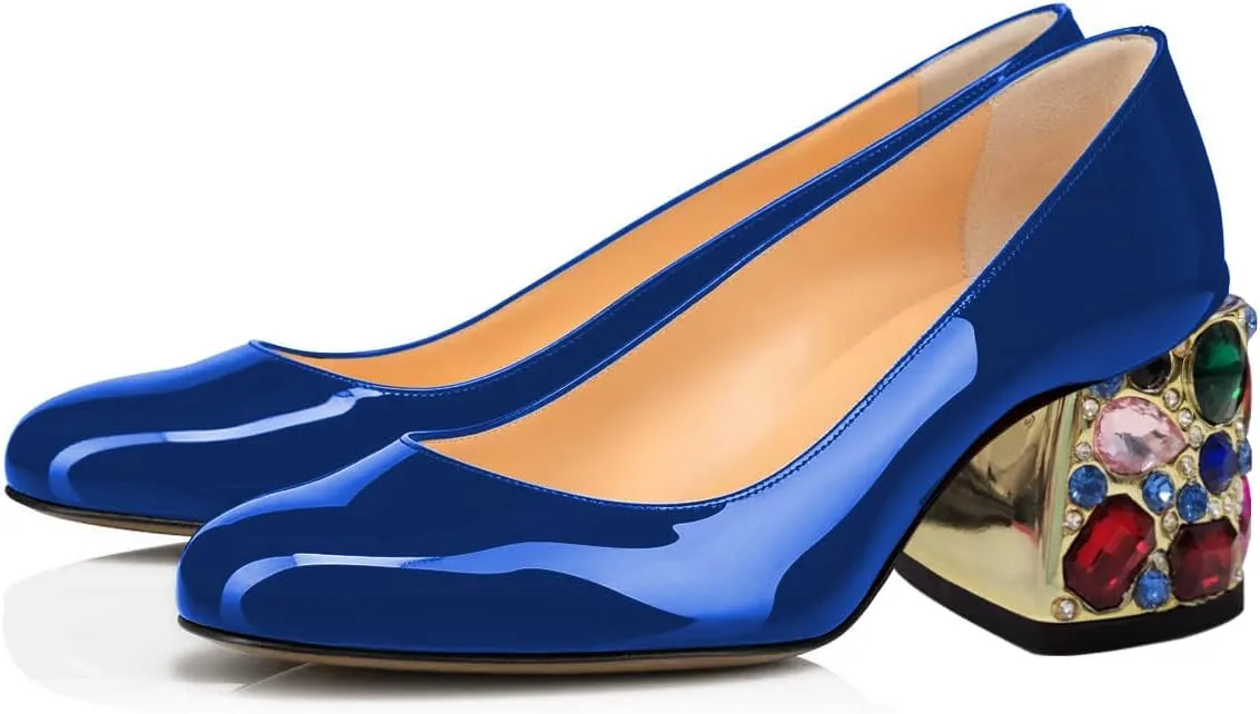YDN Women Crystal Rhinestone Block Heeled Pumps Round Toe Slip On Mid Heels Bridal Party Wedding Dress Daily Shoes Size 4-15 US