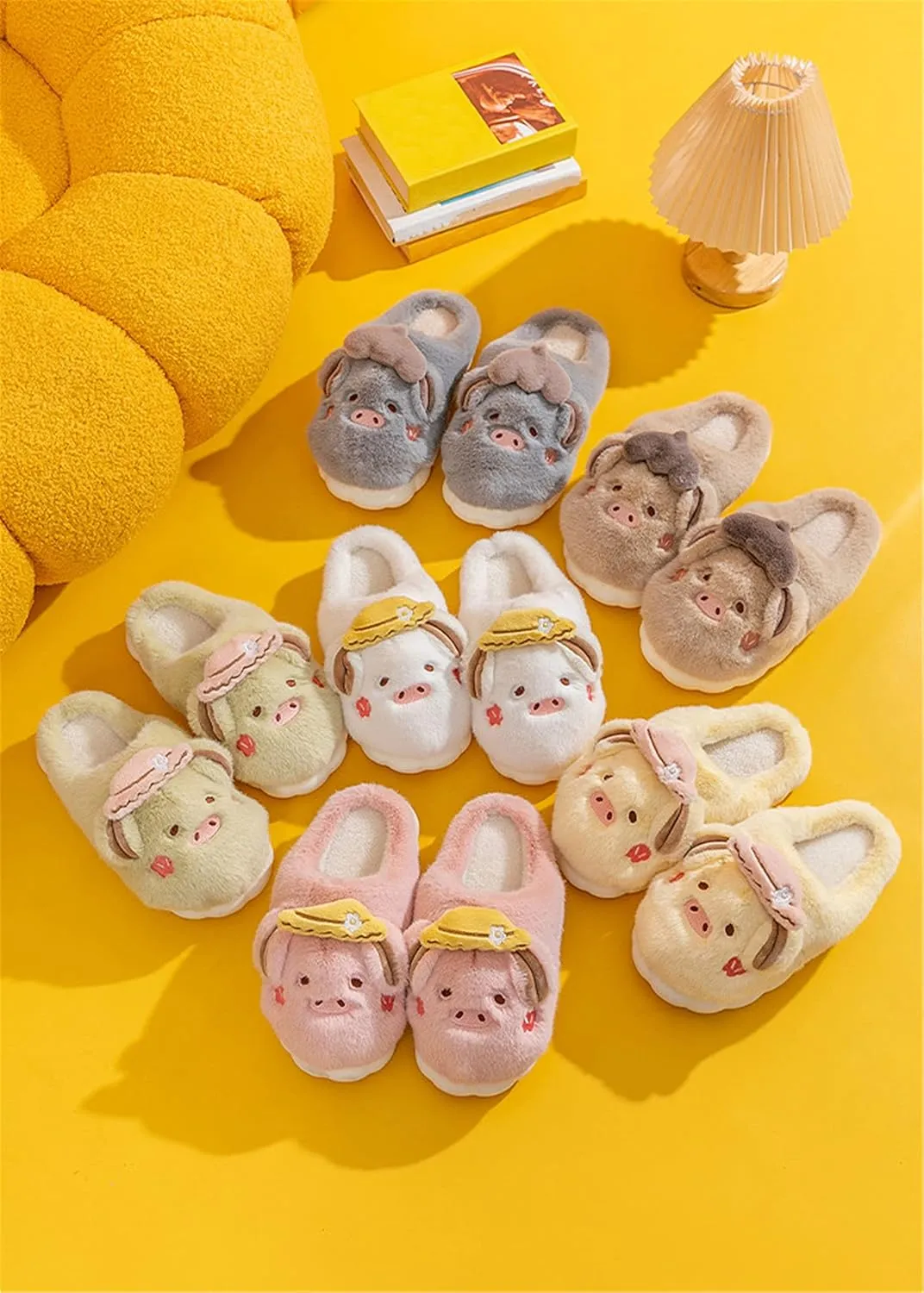 YILANLAN Women's Pink Pig Animal Slippers - Warm, Plush, Winter, Flat Heel, No Closure, Round Toe