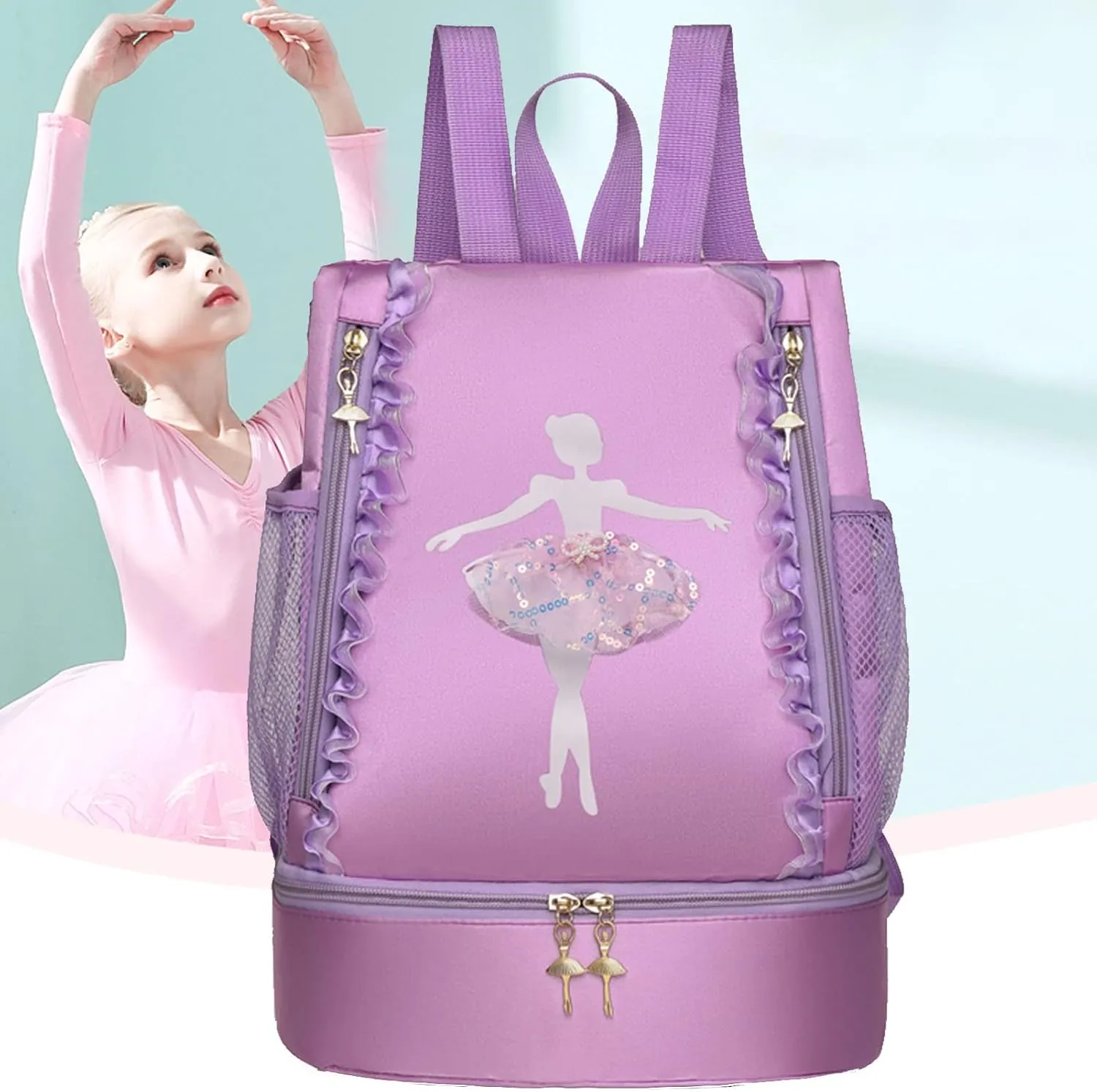 Yitengteng Ballet Dance Backpack with Separate Shoe Compartment,Little Girls Ballerina Bag for Dance Toddler Bag Gymnastics Latin Dance Yoga Tap Dance Jazz Storage Bag (Purple)