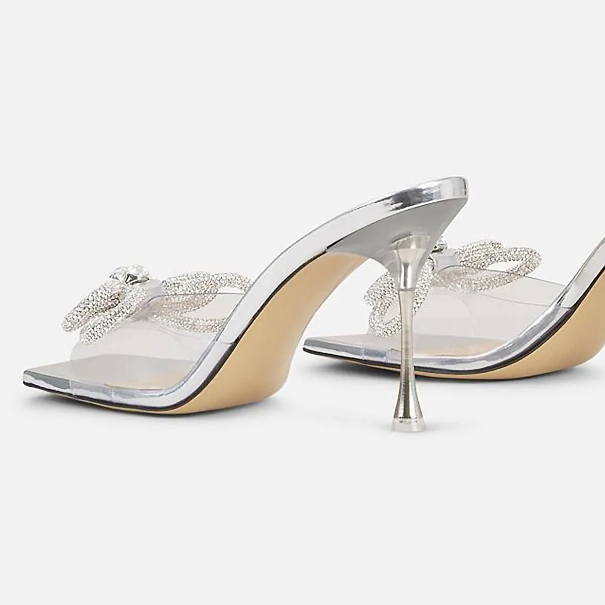 Yolkomo Women's Clear Rhinestone Double Crystal Bow Heels Square Open Toe