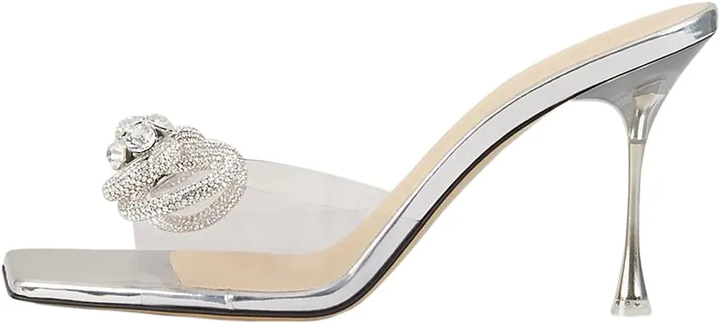Yolkomo Women's Clear Rhinestone Double Crystal Bow Heels Square Open Toe