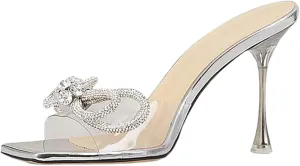 Yolkomo Women's Clear Rhinestone Double Crystal Bow Heels Square Open Toe