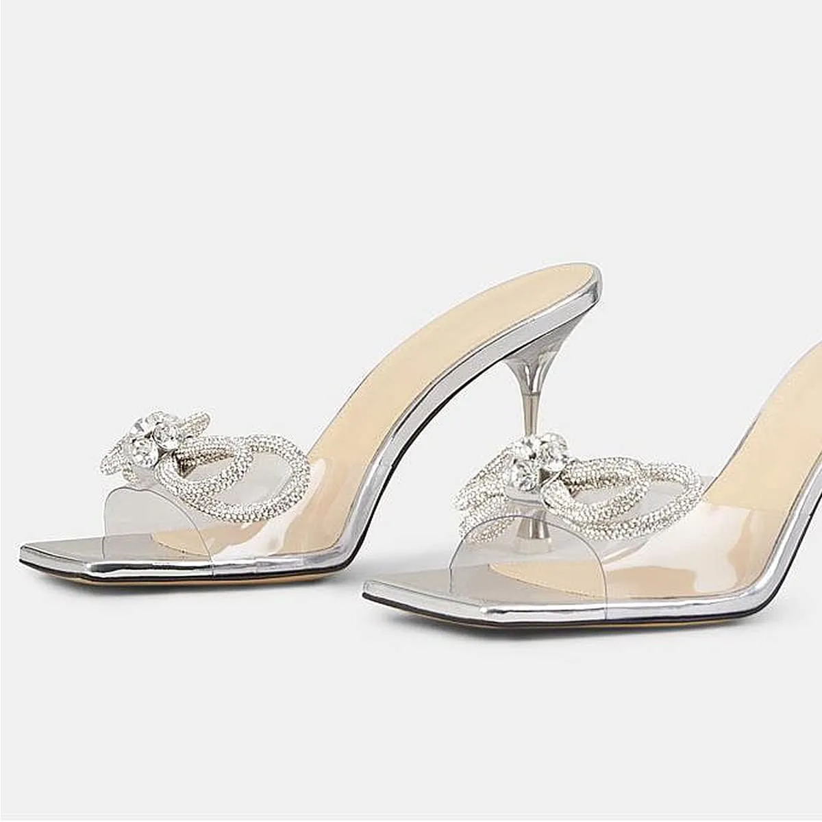 Yolkomo Women's Clear Rhinestone Double Crystal Bow Heels Square Open Toe