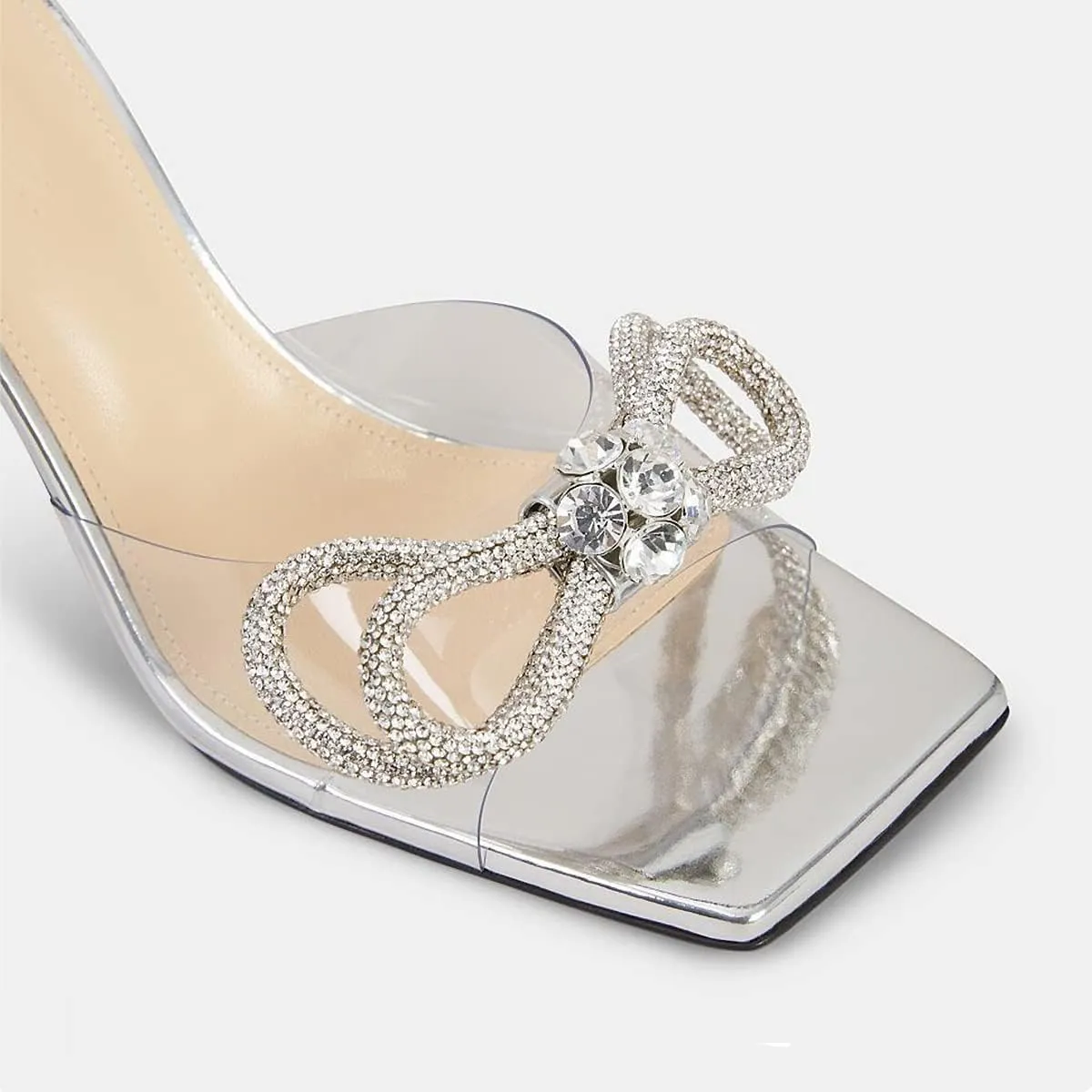 Yolkomo Women's Clear Rhinestone Double Crystal Bow Heels Square Open Toe