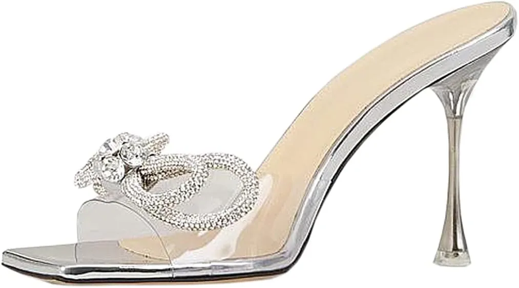 Yolkomo Women's Clear Rhinestone Double Crystal Bow Heels Square Open Toe