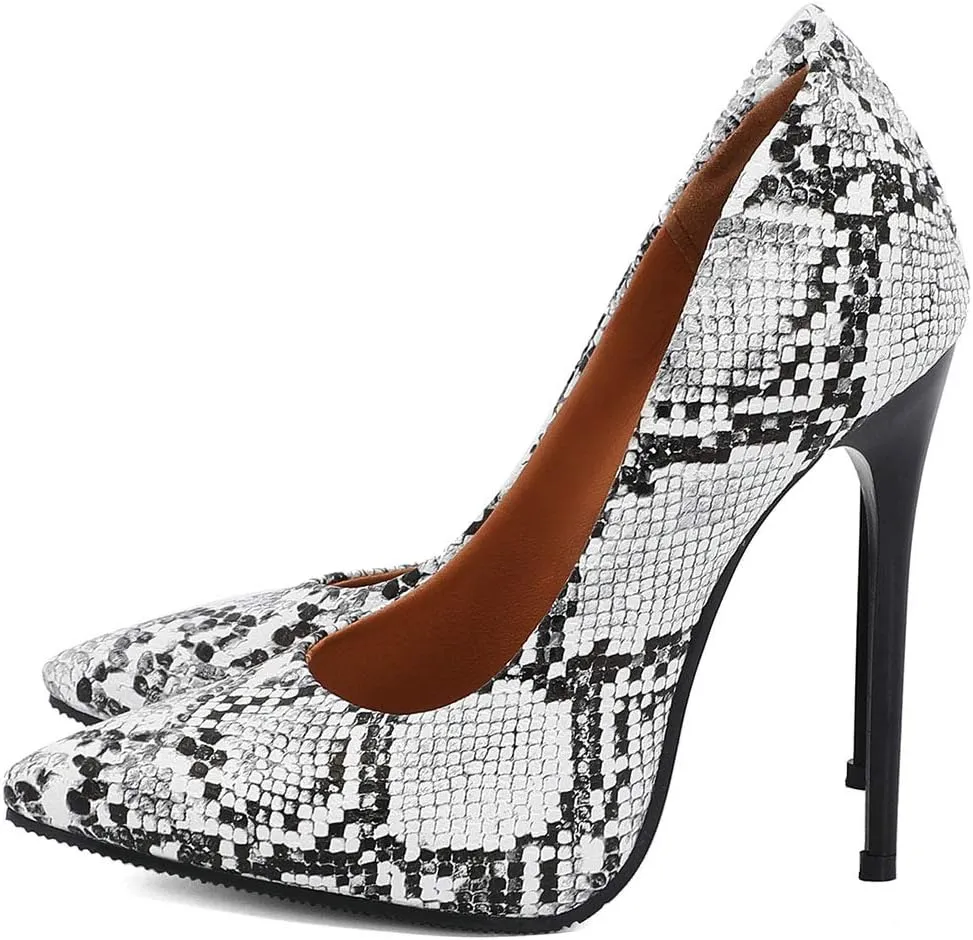 ZSQBQ Women High Heel Shoes Pointed Toe Snakeskin Print Slip On Wedding Evening Dress Stiletto Pumps