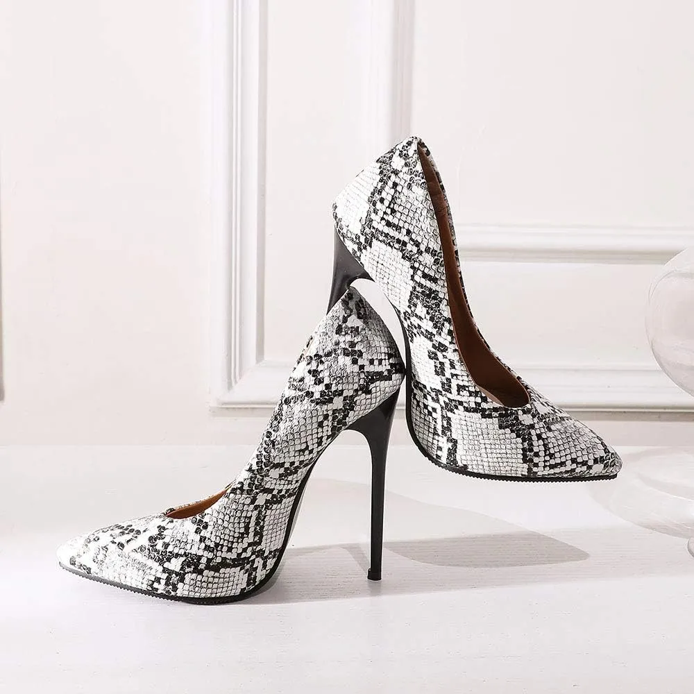ZSQBQ Women High Heel Shoes Pointed Toe Snakeskin Print Slip On Wedding Evening Dress Stiletto Pumps